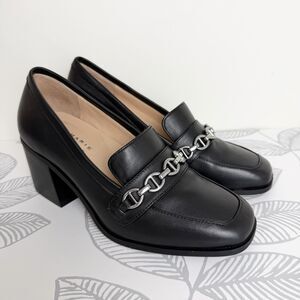 Alex Marie Farin Loafers Black Leather Stacked Block Heel Chain Women’s 6.5